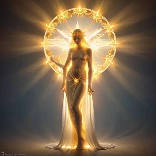 Prompt: height of summer Goddess, sunbaked ethereal body, celestial robes flowing, glowing white golden halo, mythical deity, otherworldly presence, high quality, ethereal, celestial, mystical, detailed design, warm tones, summertime glowing, atmospheric lighting