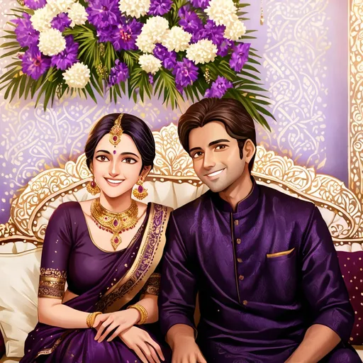 Prompt: Radiating warmth and happiness, a woman and man sit closely together on an ornate, decorative couch, framed by lush floral arrangements in the background. The woman, wearing a rich purple sari adorned with intricate golden patterns, smiles brightly, her traditional jewelry sparkling in the soft light, while the man, dressed in a dark kurta that mirrors the rich tones of the setting, leans slightly forward, showcasing a gentle smile. The atmosphere is celebratory, likely captured during a festive occasion, with the ambient lighting adding a warm glow to their expressions. The image’s composition draws the viewer's eye to the joyous connection between the two, captured in a moment of shared happiness against a tastefully arranged backdrop of flowers and draped fabric, embodying a spirit of togetherness and cultural pride.