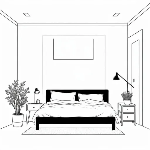 Prompt: A simple, clean black and white line illustration of a cozy bedroom in a minimalist and modern style, with a completely white background. The illustration should feature a bed, bedside table with a lamp, a wardrobe, and a potted plant. Use clear, defined black lines with no shading or textures, maintaining a monochrome aesthetic. The background remains entirely white for a clean and open feel, suitable for website design