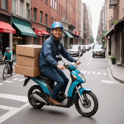 Prompt: delivery guy rides in steet