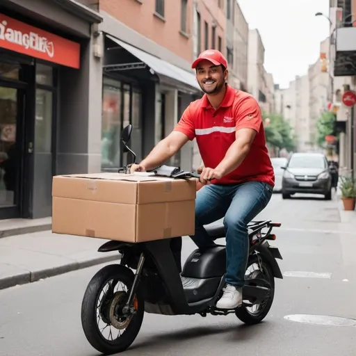 Prompt: delivery guy rides in steet