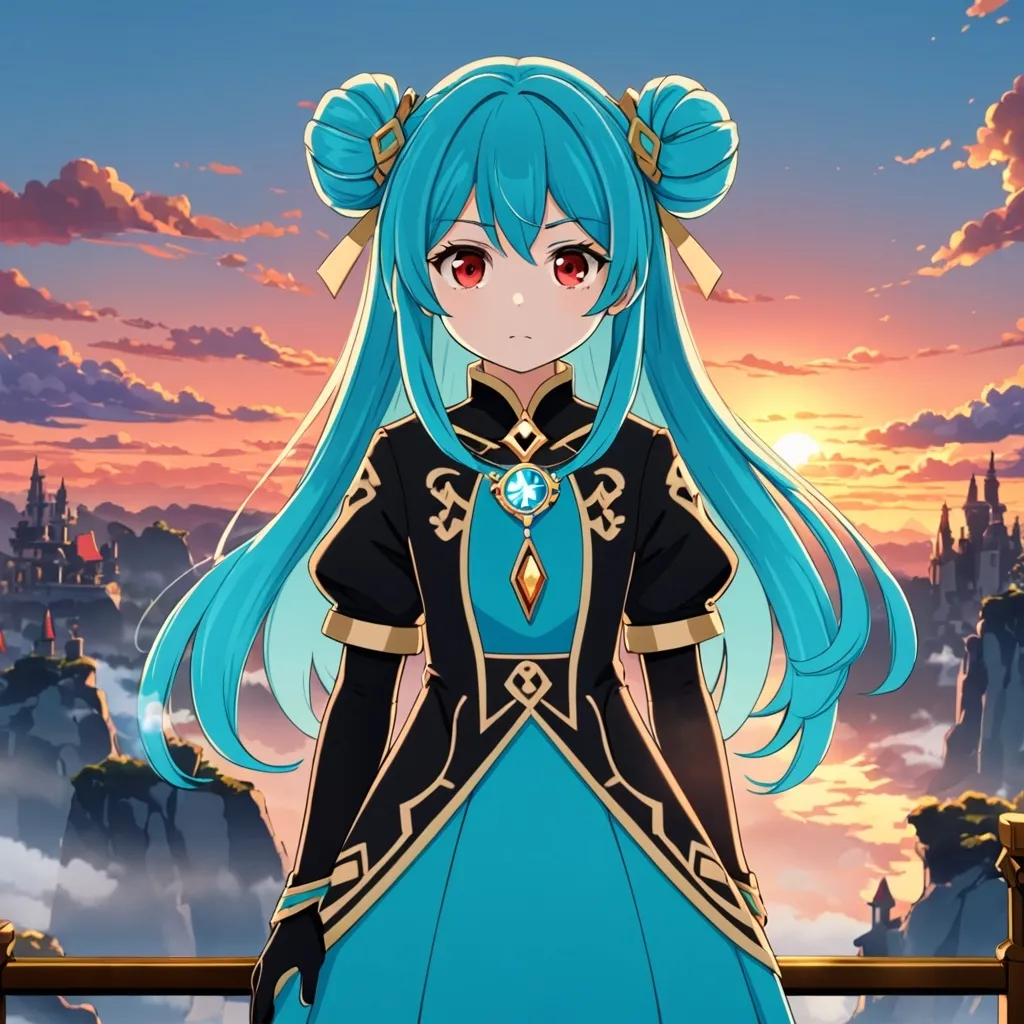 Prompt: Cyan straight long twin buns half down hair, Crimson Red eyes,
Wearing A lined cyan dress with and Fur black jacket with gold accents, wearing cyan band ribbons with gold diamond pin and cyan mist badge, mist pendant, black gloves, illusion symbol necklace, Sunset and clouds, Genshin, No emotion, Hd, Kid female, 4K, anime, Facing infront