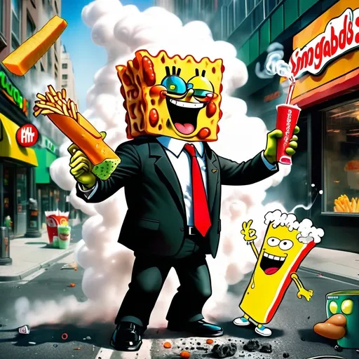 Prompt: Matrix movie scene where neo is sponge bob and Mr. Smith is the cheeto's mascot cat. Sponge bob is very buff wearing a suit and sun glasses. Hes holding a bong with smoke coming out of it. Mr. Cheeto smith is running at sponge bob in the middle of the city in front of a mc donalds hanburger shop. Mr Cheeto is shooting a gun a sponge bob that launches french fries. 