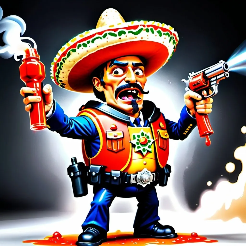 Prompt: Realistic picture of a crime fighting taco with human arms and legs. Dressed in a cop uniform shooting a hot sauce gun into peoples eyes so they cry