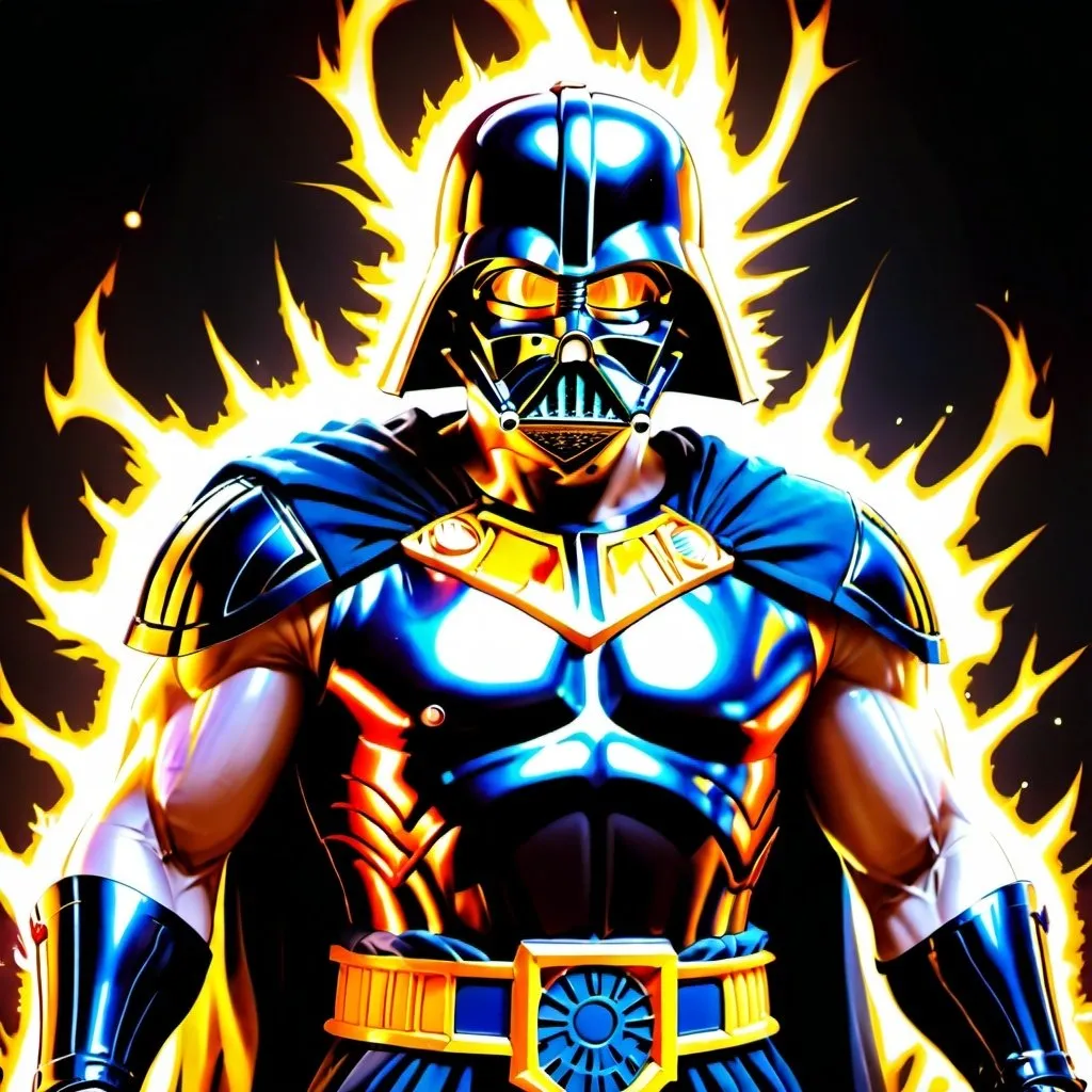 Prompt: Darth Vader goes super sayan like goku. His helmet glows with black yelow fire energy. His outfit rips off with the energy produced exposing a very muscular chest and 8 pack. 