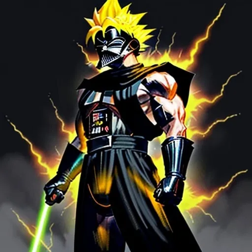Prompt: Darth Vader goes super sayan like goku. His helmet glows with black yelow fire energy. His outfit rips off with the energy produced exposing a very muscular chest and 8 pack. You see him head to toe floating in the air charging a spirit bomb to shoot at luke skywalker.