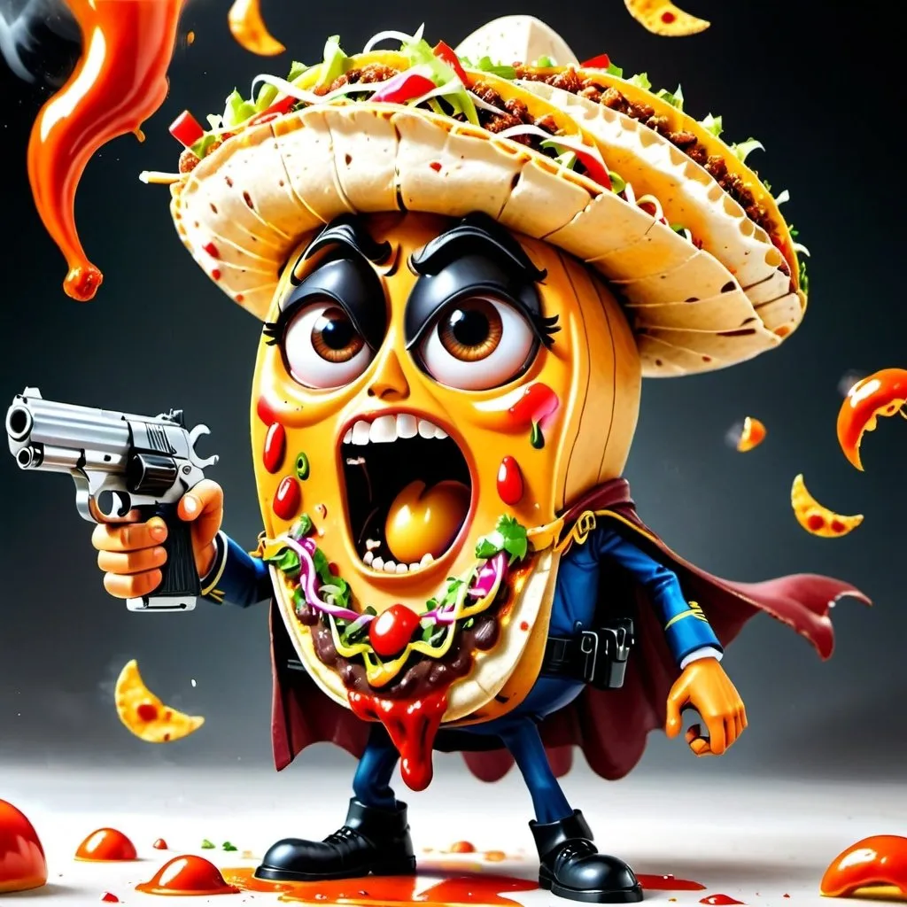 Prompt: Realistic picture of a crime fighting character with the body of a taco with human arms and legs. Dressed in a cop uniform shooting a hot sauce gun into peoples eyes so they cry. The taco body has very large eyes on each side and meat and cheese falling out of its shell. 