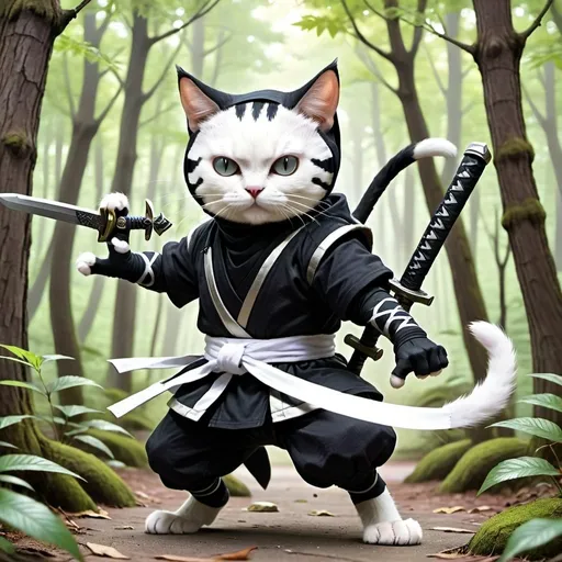 Prompt: A white and black cat dressed like a ninja and has a sword, in a forest fighting pokemon.