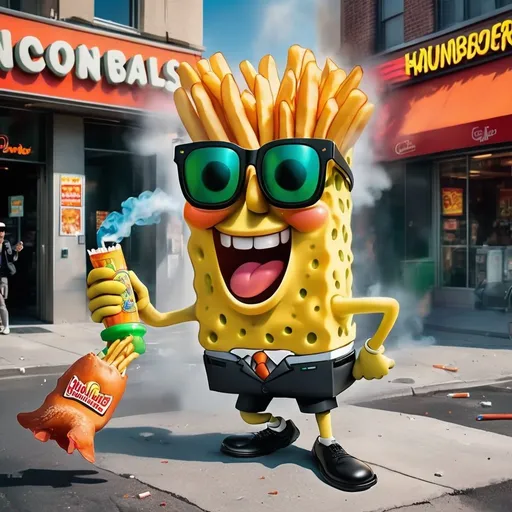 Prompt: Matrix movie scene where neo is sponge bob and Mr. Smith is the cheeto's mascot cat. Sponge bob is very buff wearing a suit and sun glasses. Hes holding a bong with smoke coming out of it. Mr. Cheeto smith is running at sponge bob in the middle of the city in front of a mc donalds hanburger shop. Mr Cheeto is shooting a gun a sponge bob that launches french fries. 