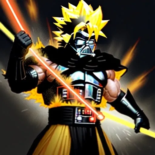 Prompt: Darth Vader goes super sayan like goku. His helmet glows with black yelow fire energy. His outfit rips off with the energy produced exposing a very muscular chest and 8 pack. You see him head to toe floating in the air charging a spirit bomb to shoot at luke skywalker. The energy surrounding Vader is 5x his size.