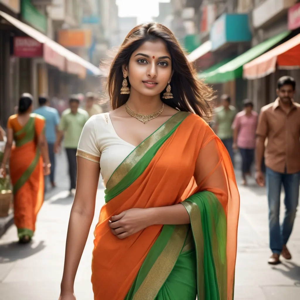 Prompt: 25 age young Indian woman walking down the high street, wearing a orange and green color mixed saree, white color blouse, realistic, cleavage, curves, 