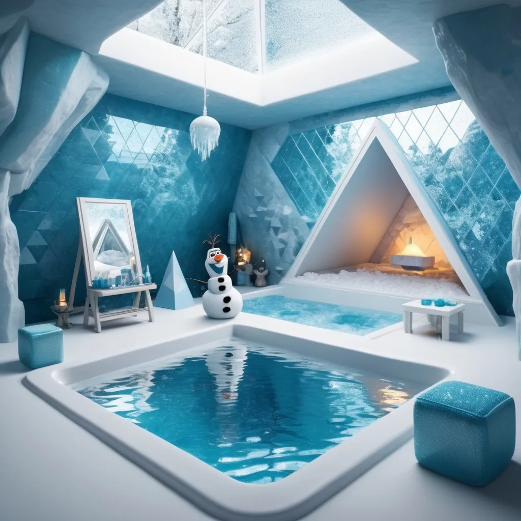 Prompt: A chill room for Elsa character in which there is Olaf, a Jacuzzi with snowy water and a hypothetical mirror with pyramid on top and on side 2 cubes and the mirror contains a magical world inside 