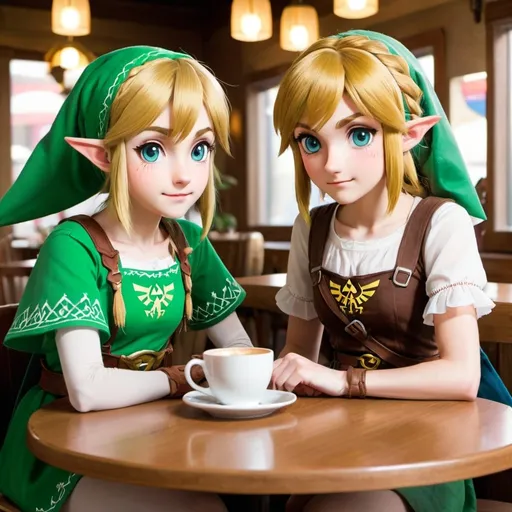 Prompt: Link and Linkle from the game the legend of zelda are going on a cute cafe date