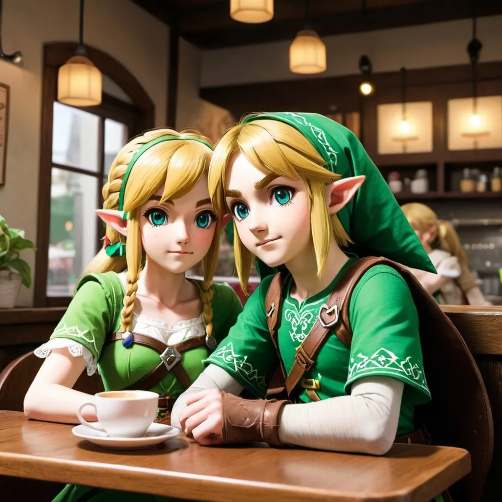 Prompt: A detailed picture of Link and Linkle from the game the legend of zelda are going on a cute cafe date