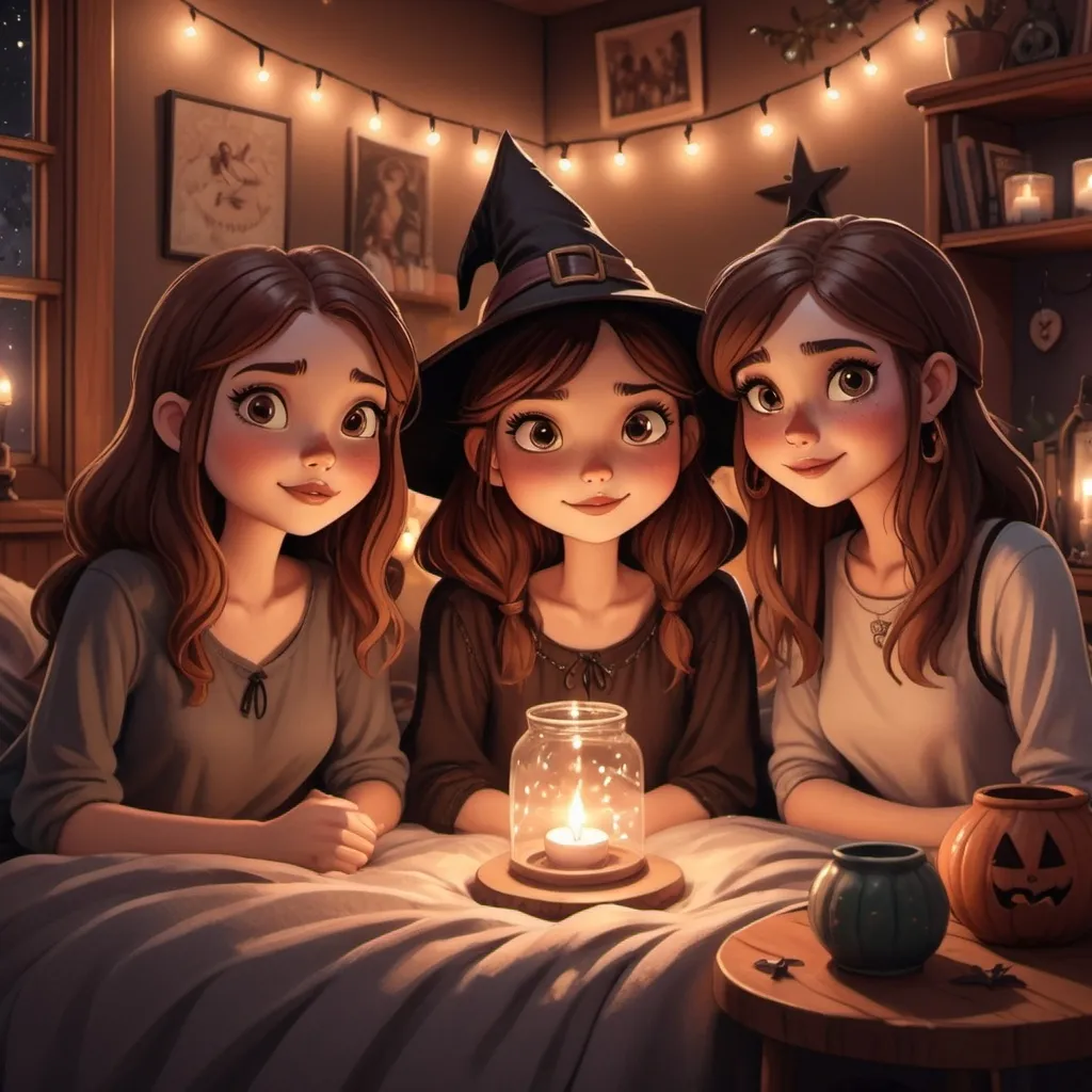 Prompt:  a detailed cartoony picture of 3 brown haired girls watching a movie in a grunge witchy bedroom. One of the girls are 8 years old, one of them are 10 years old, and the last girl is 14 years old.