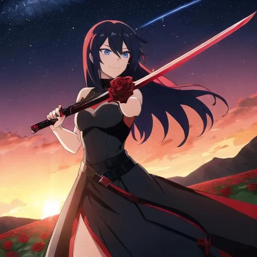 Prompt: A beautiful black dress swordswoman with red and blue bright hair flinging her sword up with stardust. Tanned. A smile on her face. Blue eyes. A field of roses at sunset stars in the sky. Dragon in sky