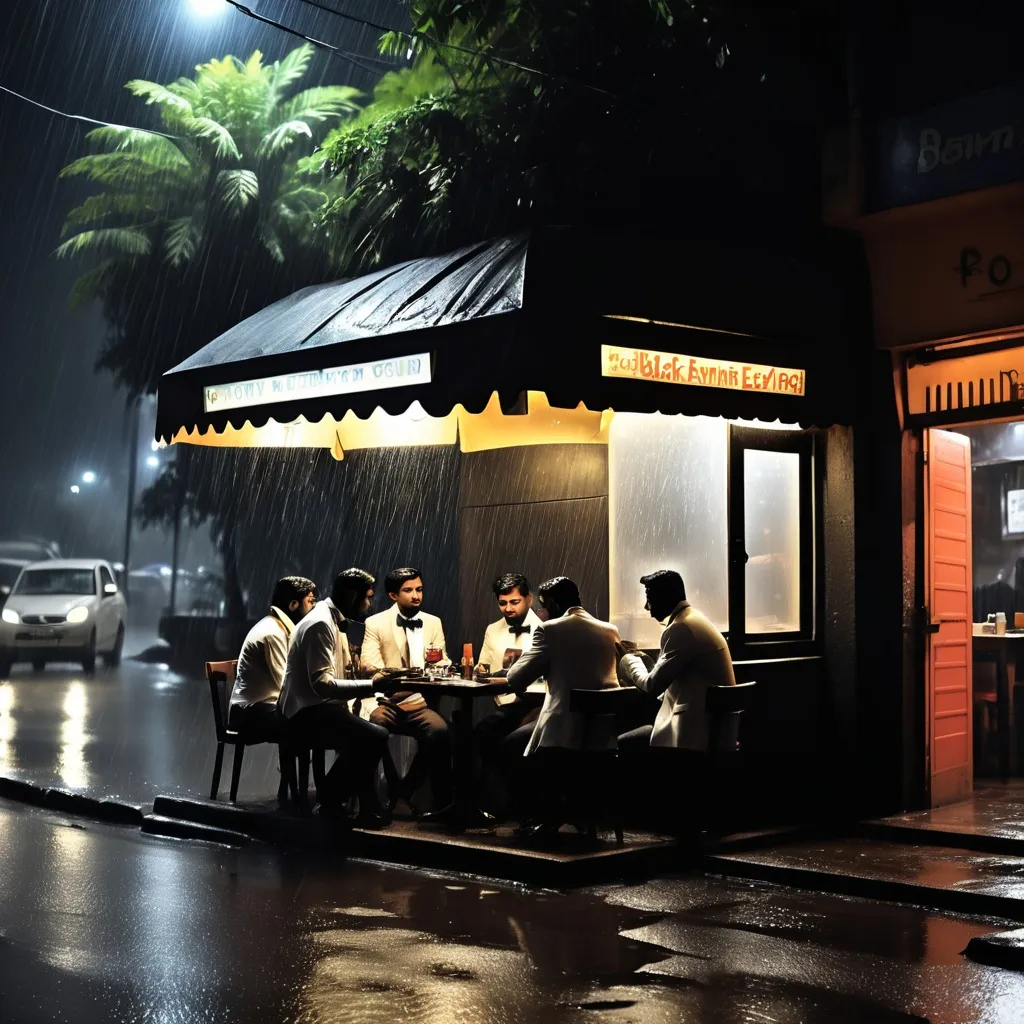 Prompt: A digital illumination The black enemy had become even blacker due to the escape of Bandra. Rain was not even taking the name of stopping. In such a situation, four people were sitting in that restaurant on the side of the road. The age of all of them seemed to be between 20-25. All of them were wearing bowtie jackets.