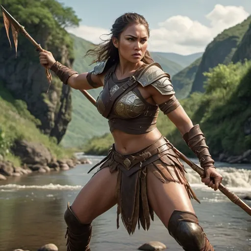 Prompt: Image of Island Warrior woman poised to strike with a spear, beside a river, cinematic still, flowing river, lush open landscape, fierce expression, detailed clothing, dynamic lighting, high quality, realistic, detailed, 'curvy female' warrior, 1 spear, river, confident expression, leather armor, dynamic lighting