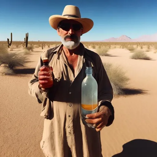 Prompt: A  picture of a man in desert holding a bottle with little water on hot day 