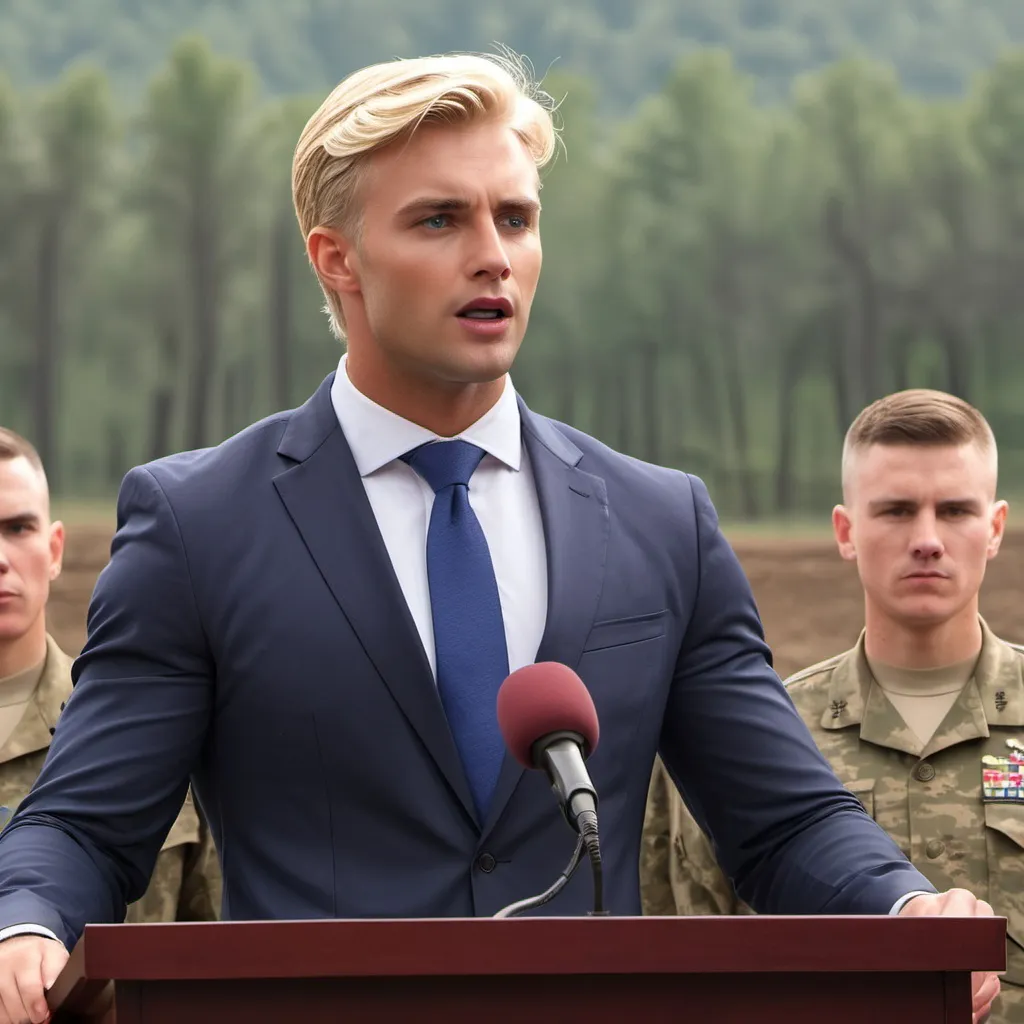 Prompt: Handsome blonde male politician speaking in front of the military