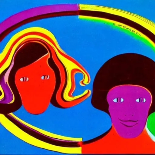 Prompt: Kodachrome kids , duo,  male and female, surrealism, logo,
Peter max , psychedelic , 1970s