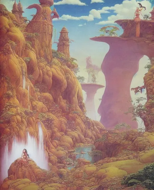 Prompt: Indian Asian goddesses washing each other fantasy Roger Dean landscape surreal