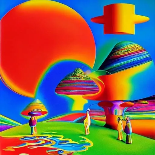 Prompt: Kodachrome kids , duo,  male and female, surrealism, logo,
Peter max , psychedelic , 1970s