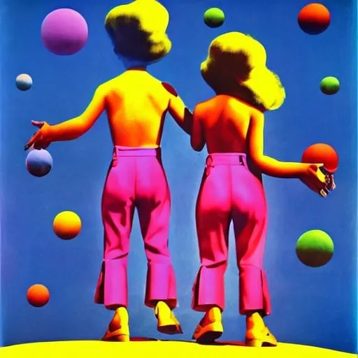 Prompt: Kodachrome kids , duo,  male and female, surrealism, logo,
Peter max , psychedelic , 1970s