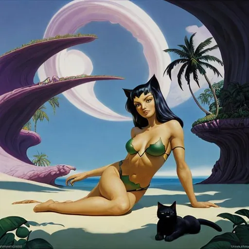 Prompt: sunbathing young catwomen fantasy Roger Dean