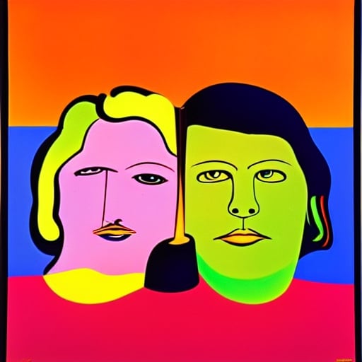 Prompt: Kodachrome kids , duo,  male and female, surrealism, logo,
Peter max , psychedelic , 1970s