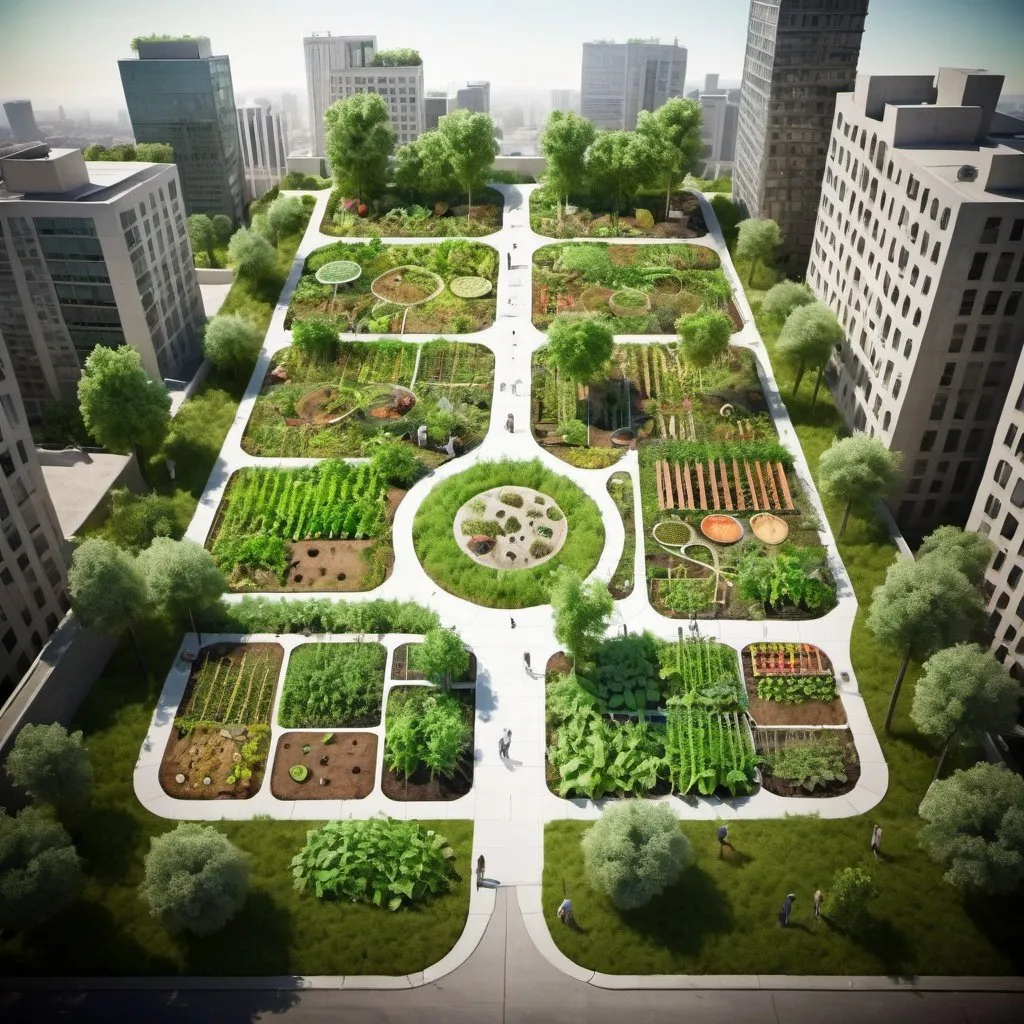 Prompt: Food forest, urban, plan, surreal 