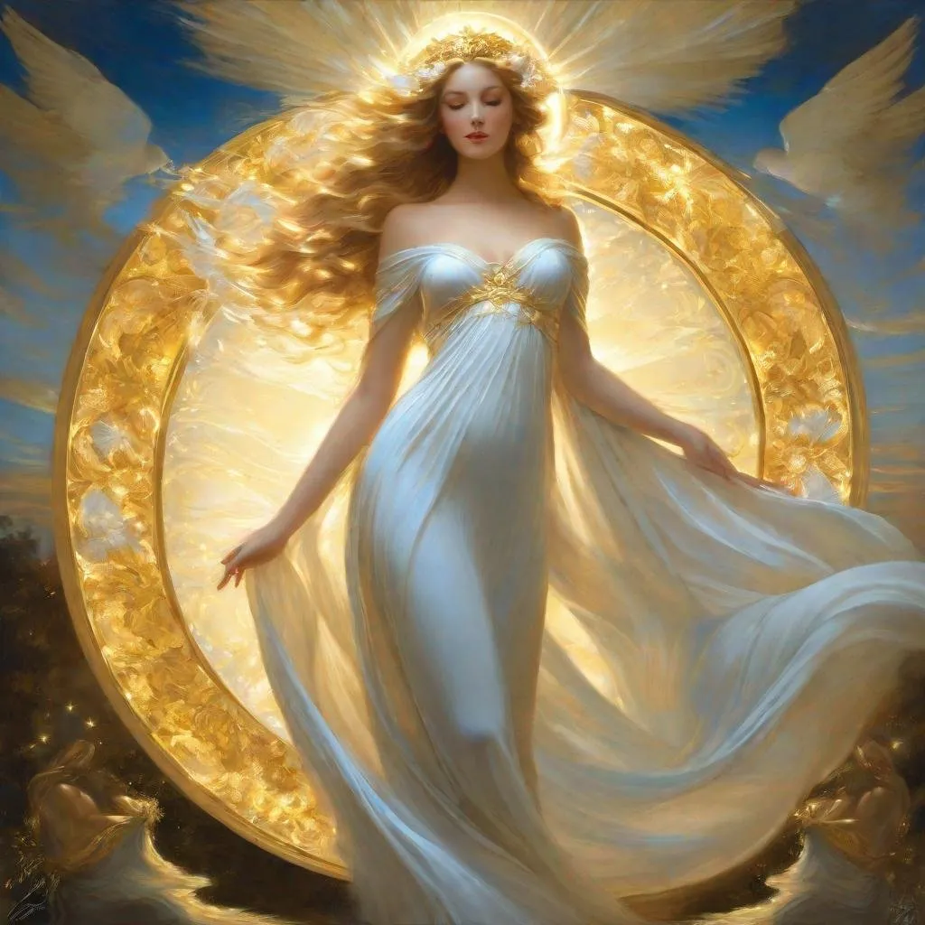 Prompt: "Lady of Light" - had extraordinary beauty, with her timeless features and golden river of hair.  Bathing full body, eros Libertas