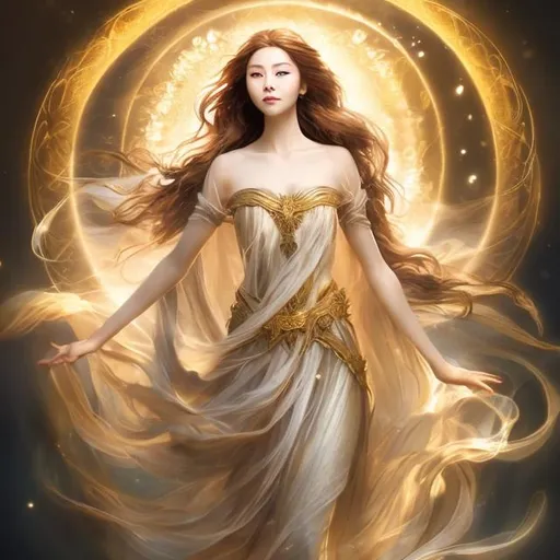 Prompt: "Lady of Light" - had extraordinary beauty, with her timeless features and golden river of hair.  Bathing full body