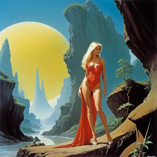 Prompt: most beautiful woman in the world ever,
racy, risqué,
 full body, pose
roger dean, surreal, frazzetta
