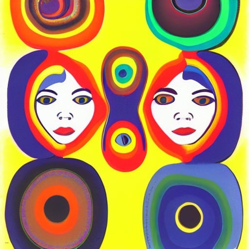 Prompt: Kodachrome kids , duo,  male and female, surrealism, logo,
Peter max , psychedelic , 1970s