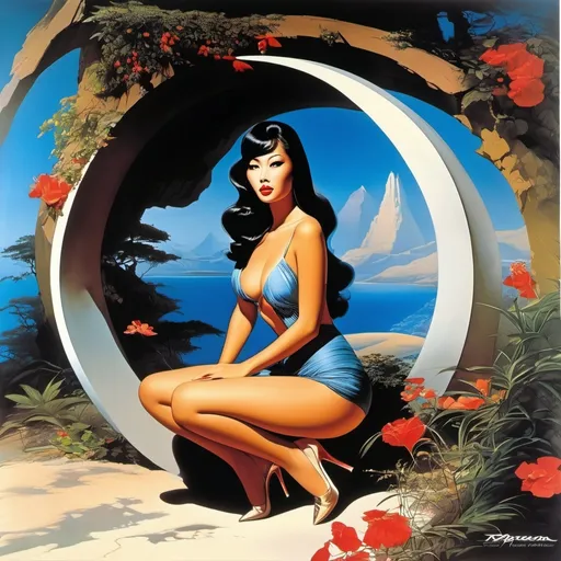 Prompt: most beautiful woman in the world ever,
racy, risqué,
 full body, pose
roger dean, surreal,  pin up asian
