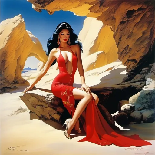 Prompt: most beautiful woman in the world ever,
racy, risqué,
 full body, pose
roger dean, surreal,  pin up asian
