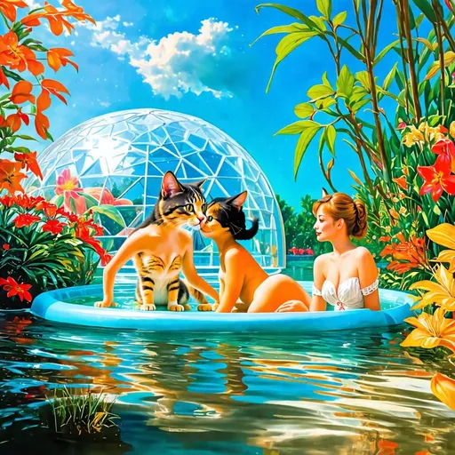 Prompt: Space age garden dome, bathing young Asian cat women, 6-breasted fantasy Roger Dean