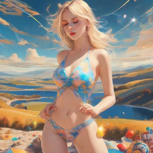 Prompt: comely women full body blonde hair blue eyes sunbathing surreal landscape  creating universe tik-tok dance string swimsuit

