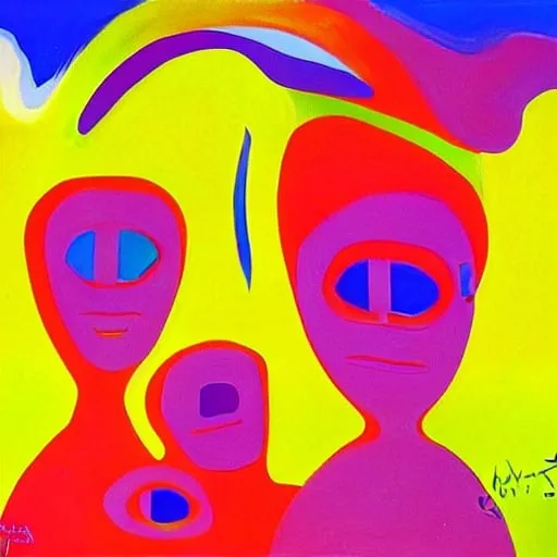 Prompt: Kodachrome kids , duo,  male and female, surrealism, 
Peter max , psychedelic 