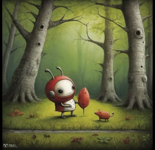 Prompt: create a character mimicing fabio napoleoni's art. forest