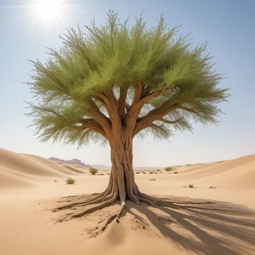 Prompt: Here's a prompt for generating an image of a ghaf tree:

"An image of a large ghaf tree in a desert environment. The tree has a sturdy trunk with rough, textured bark and a wide canopy of small, green leaves. It stands on sandy ground with a few sparse desert plants around. The sky is clear and blue, with sunlight filtering through the tree's branches, casting soft shadows on the sand. The scene captures the resilience and beauty of the ghaf tree in its arid habitat." 

Let me know if you’d like any adjustments to this prompt!