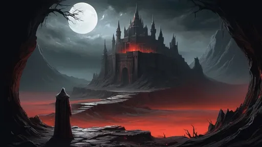 Prompt: Amidst a realm cloaked in eternal night, where shadows dance in the flickering light of distant moons, lies a forsaken citadel. Its towering spires reach into the obsidian sky, casting long, sinister silhouettes upon the barren landscape below. In the forefront, a lone figure stands, cloaked in tattered robes, gazing out over the desolate expanse with eyes gleaming with arcane knowledge.

Within the fortress's crumbling walls, ancient runes writhe with otherworldly energy, their ethereal glow piercing through the oppressive darkness. Wisps of spectral mist coil and twist, weaving through the labyrinthine corridors like serpents in the abyss. Amongst the decrepit halls, forgotten relics of power lie dormant, their secrets waiting to be unearthed by those daring enough to delve into the depths of darkness.

In the distance, a blood-red moon looms, casting an eerie crimson hue upon the land, its baleful gaze illuminating the twisted forms of gnarled trees and jagged cliffs. Yet, even amidst the foreboding gloom, there is a beauty to be found—a beauty steeped in the allure of the unknown, where every shadow holds the promise of both danger and discovery.

With a touch of grain adding texture to the scene, this wallpaper invites you to immerse yourself in the enigmatic world of "Eclipsed Dominion," where dark fantasies intertwine with whispers of ancient power, and where the line between light and shadow blurs into obscurity.