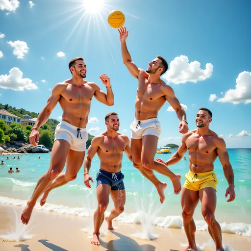 Prompt: Group of muscled Caucasian men playing beach volleyball with no shirts and tiny shorts, smiling and having fun. One man diving for the ball mid air on a stunning beach in Seychelles on a hot sunny day with sea and waves crashing in the background