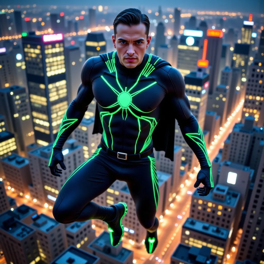 Prompt: Superhero wearing black and neon ribbed suit with a cape and no shirt. Flying above the NYC skyline at night 
