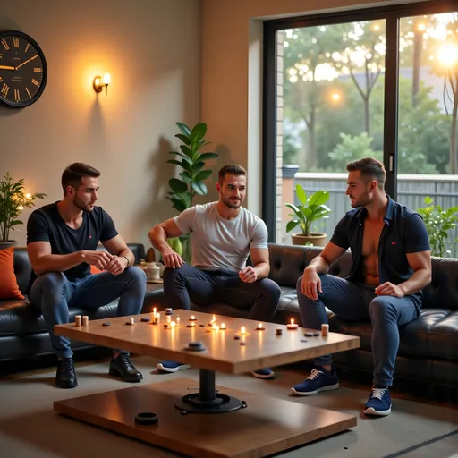 Prompt: Time is early evening, and there are 3 really good looking well built men. They are inside modern high fashion minimalist architecture house, lounging in a spacious lounge area on sofas fully dressed in high-end fashion but casual clothing, apparel and shoes, they are close enough to be playing a board game, having lots and lots of lots of fun laughing and looking at each other