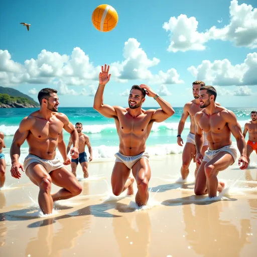 Prompt: Group of muscled Caucasian men playing beach volleyball with no shirts and tiny shorts, smiling and having fun. One man diving for the ball mid air on a stunning beach in Seychelles on a hot sunny day with sea and waves crashing in the background