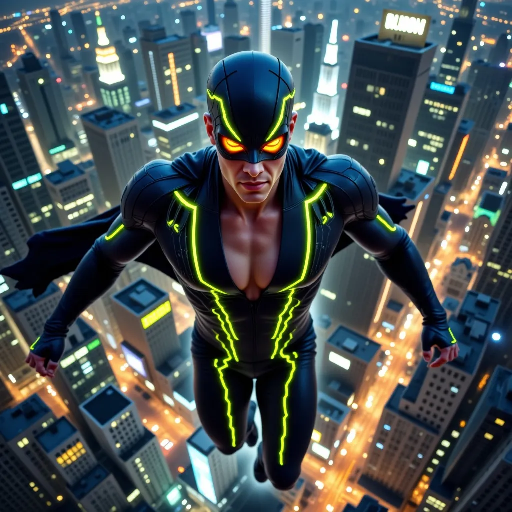 Prompt: Superhero wearing black and neon ribbed suit with a cape and no shirt. Flying above the NYC skyline at night 