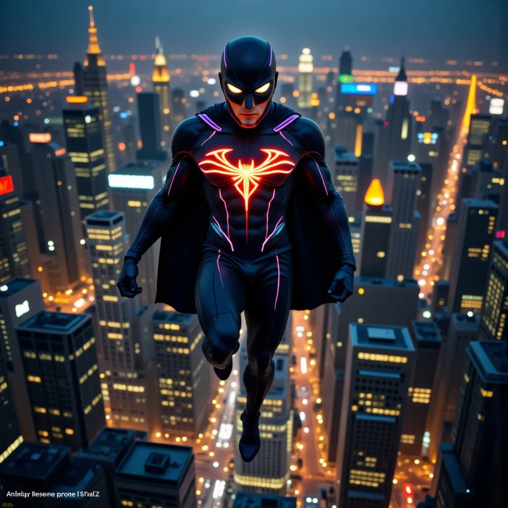 Prompt: Superhero wearing black and neon ribbed suit with a cape and no shirt. Flying above the NYC skyline at night 