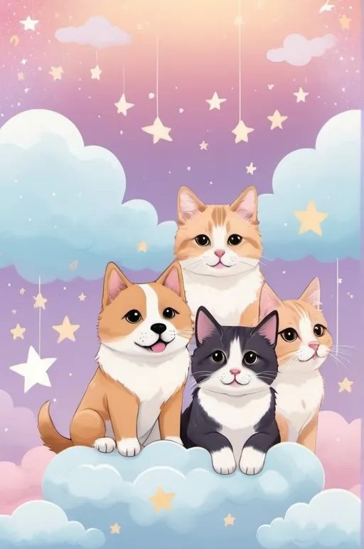 Prompt: Create image of dogs and cats sitting on clouds in front of a pastel ombre galaxy background with twinkling stars. The cats and dogs must be happy and in a cute Japanese kawaii-style. Please leave a space in the middle without a cloud to make room for text 